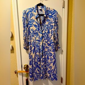 CAbi Blue and Cream Floral Long Sleeve Dress